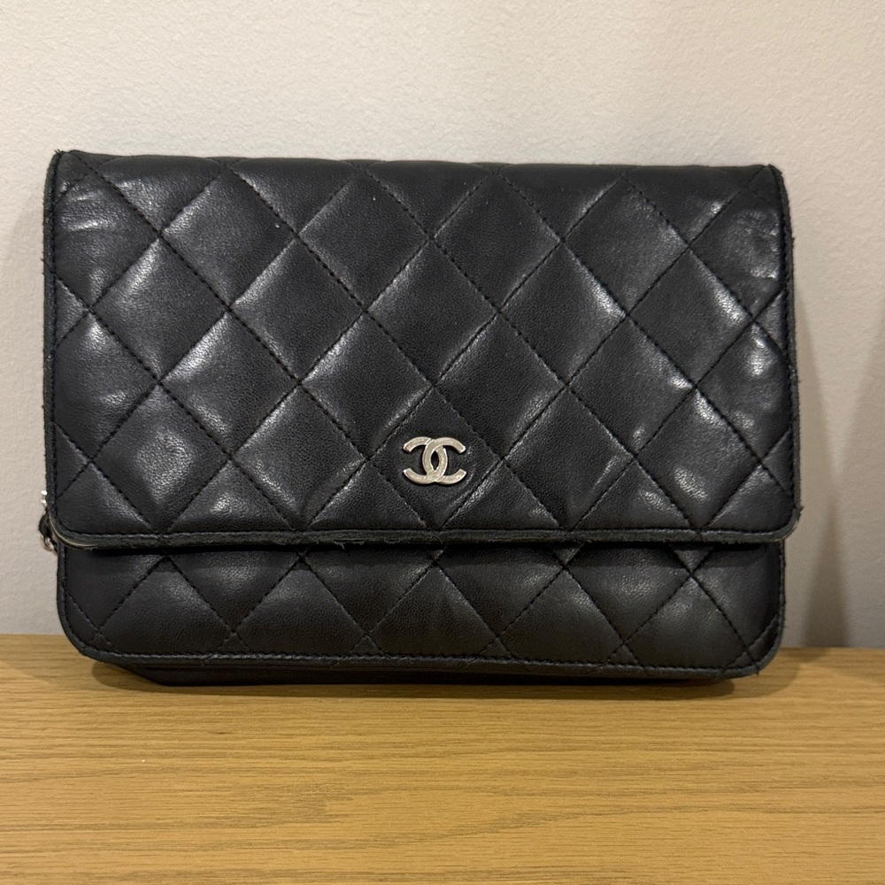 Chanel Black Quilted Clutch with Silver Accents